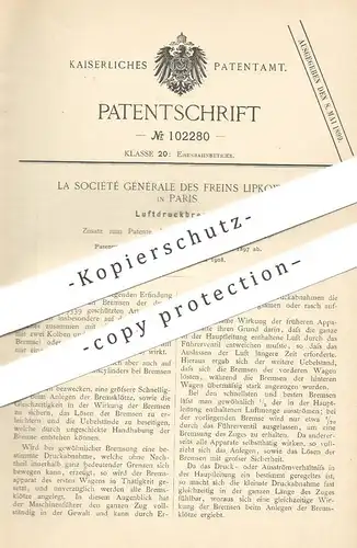 original Patent - La Société Générale des Freins Lipkowski , Paris Frankreich 1897 | Luftdruckbremse | Eisenbahn Bremse