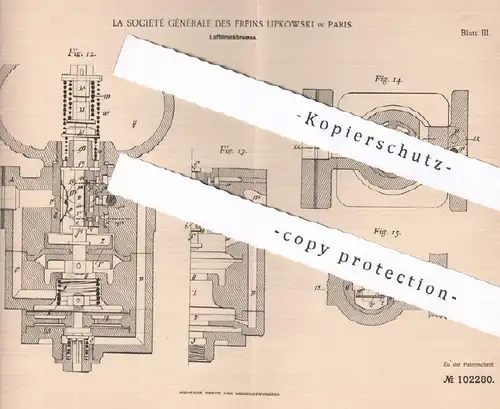 original Patent - La Société Générale des Freins Lipkowski , Paris Frankreich 1897 | Luftdruckbremse | Eisenbahn Bremse