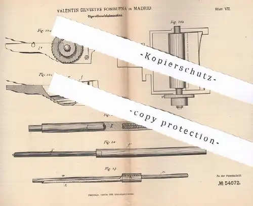 original Patent - Valentin Silvestre Fombuena , Madrid , Spanien 1890 | Zigarettenwickelmaschine | Zigaretten , Zigarren