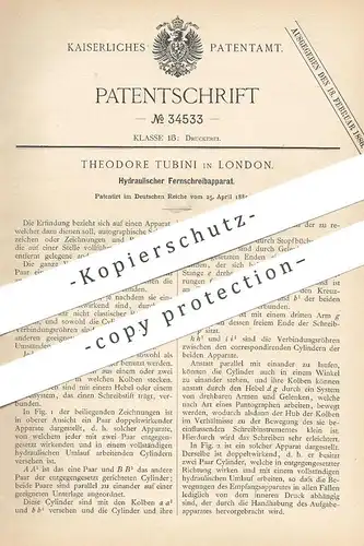 original Patent - Theodore Tubini , London , England , 1885 , Hydraulischer Fernschreibapparat | Fernschreiber , Druck