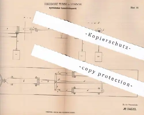 original Patent - Theodore Tubini , London , England , 1885 , Hydraulischer Fernschreibapparat | Fernschreiber , Druck