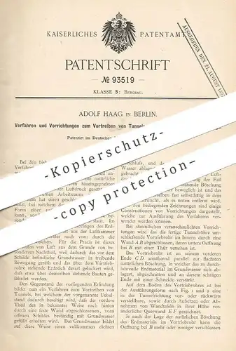 original Patent - Adolf Haag , Berlin , 1896 , Vortreiben von Tunnel | Tunnelbau im Gebirge | Bergbau ,