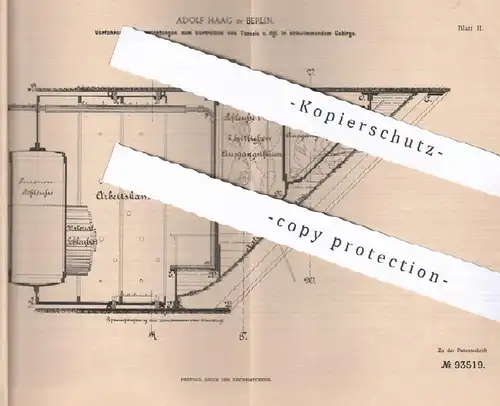 original Patent - Adolf Haag , Berlin , 1896 , Vortreiben von Tunnel | Tunnelbau im Gebirge | Bergbau ,