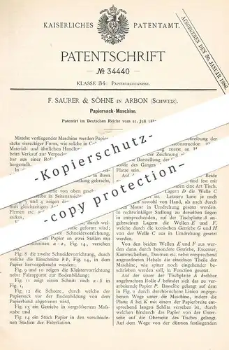 original Patent - F. Saurer & Söhne , Arbon , Schweiz , 1885 , Papiersack - Maschine | Papier , Papierfabrik , Tüten !!