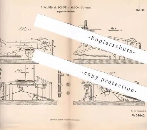 original Patent - F. Saurer & Söhne , Arbon , Schweiz , 1885 , Papiersack - Maschine | Papier , Papierfabrik , Tüten !!