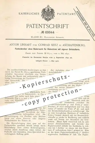 original Patent - Anton Linhart , Conrad Seitz , Aschaffenburg , 1892 , Farbschreiber für Ruhestrom | Elektriker , Strom