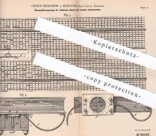 original Patent - George Prokofiew , Islington , Aden Grove , England , 1892 , Stromführungsanlage für elektrische Bahn