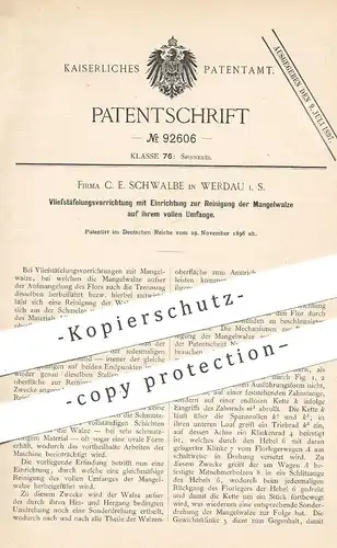 original Patent - Fa. C. E. Schwalbe , Werdau , 1896 , Fliestäfelungsvorrichtung mit Mangelwalze | Spinnerei , Gewebe !!