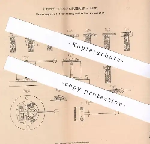 original Patent - Alphons Eduard Chambrier , Paris , Frankreich , 1879 , elektromagnetische Apparat | Elektromagnet !!!