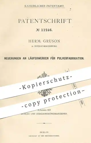 original Patent - Herm. Gruson , Magdeburg / Buckau , 1879 , Läuferwerk für Pulver - Herst. | Mühle , Mühlen , Getreide