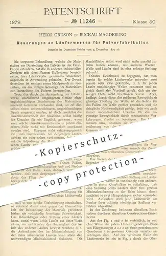 original Patent - Herm. Gruson , Magdeburg / Buckau , 1879 , Läuferwerk für Pulver - Herst. | Mühle , Mühlen , Getreide