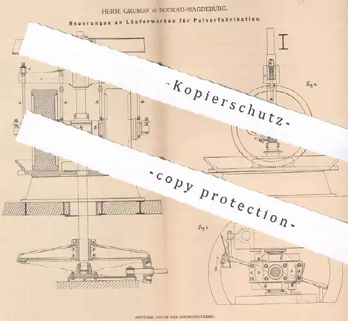 original Patent - Herm. Gruson , Magdeburg / Buckau , 1879 , Läuferwerk für Pulver - Herst. | Mühle , Mühlen , Getreide