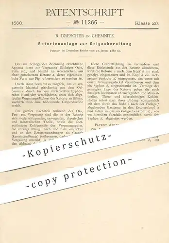 original Patent - R. Drescher , Chemnitz , 1880 , Retortenanlage zur Ölgasbereitung | Gas , Brenner , Retorte , Öl !!!