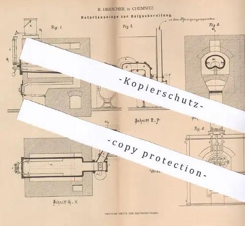 original Patent - R. Drescher , Chemnitz , 1880 , Retortenanlage zur Ölgasbereitung | Gas , Brenner , Retorte , Öl !!!