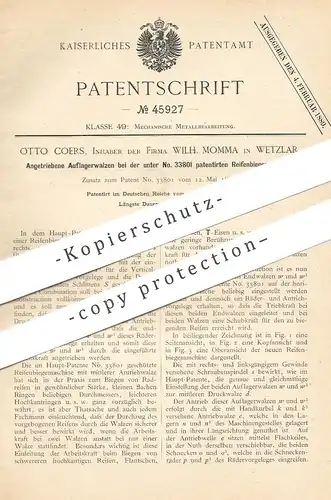 orignal Patent - Otto Coers , Inh. Fa. Wilh. Momma , Wetzlar , 1888 , Auflagerwalzen an Reifenbiegemaschine | Reifen !!!