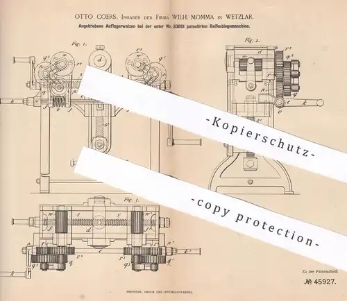 orignal Patent - Otto Coers , Inh. Fa. Wilh. Momma , Wetzlar , 1888 , Auflagerwalzen an Reifenbiegemaschine | Reifen !!!