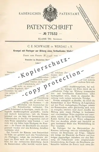 orignal Patent - C. E. Schwalbe , Werdau 1893 , Krempel mit Florleger | Spinnmaschine | Spinnen , Gewebe , Vlies , Stoff