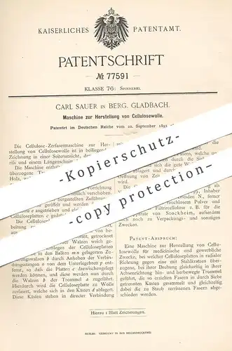 original Patent - Carl Sauer , Bergisch Gladbach , 1893 , Herst. von Cellulosewolle | Wolle , Baumwolle | Roennefahrt