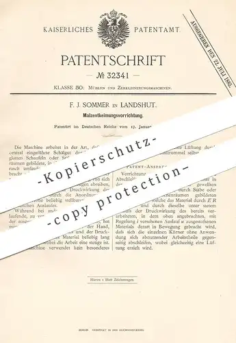 original Patent - F. J. Sommer , Landshut , 1885 , Malzentkeimung | Malz , Mühle , Mühlen , Getreide !!