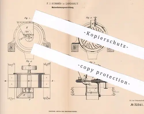 original Patent - F. J. Sommer , Landshut , 1885 , Malzentkeimung | Malz , Mühle , Mühlen , Getreide !!