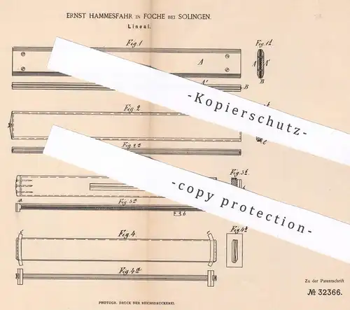 original Patent - Ernst Hammesfahr , Foche / Solingen , 1884 , Lineal | Messschieber | Schule , Büro , Längenmesser !!