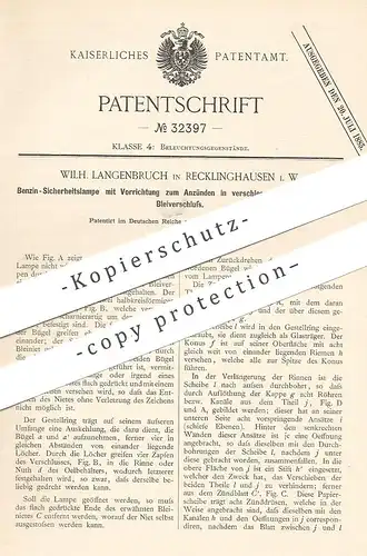 original Patent - Wilh. Langenbruch , Recklinghausen , 1884 , Benzin - Sicherheitslampe | Lampe , Brenner , Öl !!