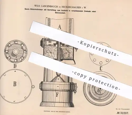 original Patent - Wilh. Langenbruch , Recklinghausen , 1884 , Benzin - Sicherheitslampe | Lampe , Brenner , Öl !!