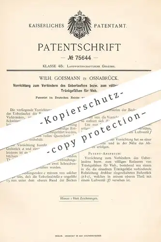 original Patent - Wilh. Goesmann , Osnabrück , 1893 , Tränkgefäße für Vieh | Tränke , Tierzucht , Tiertränke , Trog !!
