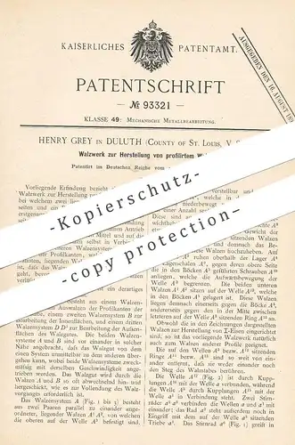 original Patent - Henry Grey , Duluth , St. Louis , USA , 1896 , Walzwerk für profiliertes Walzgut | Walze , Walzen !!