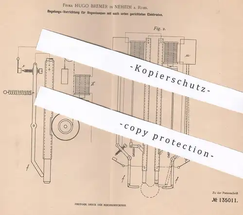 original Patent - Fa. Hugo Bremer , Neheim / Ruhr , 1901 , Regelung für Bogenlampen | Elektroden , Lampe , Brenner !!!