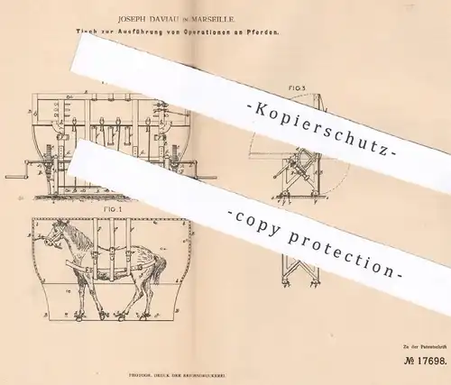 original Patent - Joseph Daviau , Marseille , Frankreich , 1881 , Tisch für Operationen am Pferd | Veterinär , Tierarzt