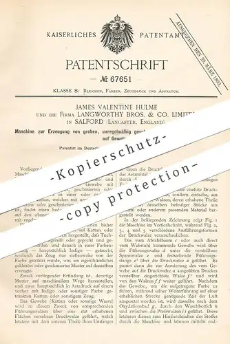 original Patent - James Valentine Hulme | Langworthy Bros. & Co. Ltd. Salford , Lancaster , England | Muster auf Gewebe