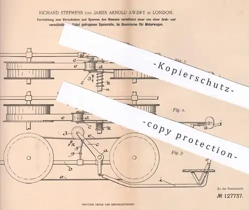 original Patent - Richard Stephens , James Arnold Awdry , London , England , 1901 , Treibriemen am Motorwagen | Motor !!