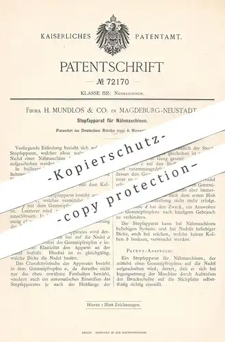 original Patent - H. Mundlos & Co. , Magdeburg / Neustadt , 1892 , Stopfapparat für Nähmaschine | Nähen , Schneider !!