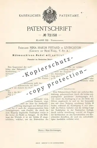 original Patent - Nina Haigh Piffard , Livingston , County of New York , USA , 1893 , Nähmaschinen - Nadel | Nadeln !!