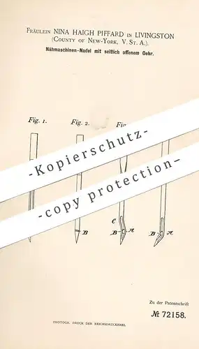 original Patent - Nina Haigh Piffard , Livingston , County of New York , USA , 1893 , Nähmaschinen - Nadel | Nadeln !!