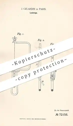 original Patent - J. Gelardin , Paris , Frankreich , 1893 , Laubsäge | Säge , Sägen , Holzsäge , Laubsägearbeiten