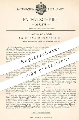 original Patent - D. Sandmann , Berlin  1893 , Doppelter Verschluss für Flaschen | Flaschenverschluss | Flasche , Korken