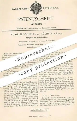 original Patent - Wilhelm Scheffel , Mülheim / Rhein , 1893 , Vorgelege für Fleischmühle | Fleischwolf | Fleischer !!