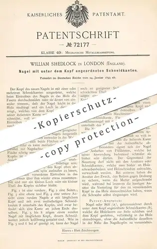 original Patent - William Shedlock , London , England , 1893 , Nagel mit Schneidkanten | Nägel , Metall , Schlosser !!