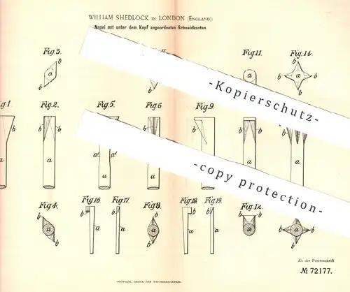 original Patent - William Shedlock , London , England , 1893 , Nagel mit Schneidkanten | Nägel , Metall , Schlosser !!