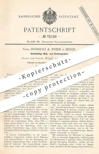 original Patent - Sponholz & Wrede , Berlin , 1893 , Messmaschine , Sortiermaschine | Metall , Waffen , Pistole !!