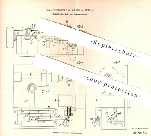 original Patent - Sponholz & Wrede , Berlin , 1893 , Messmaschine , Sortiermaschine | Metall , Waffen , Pistole !!