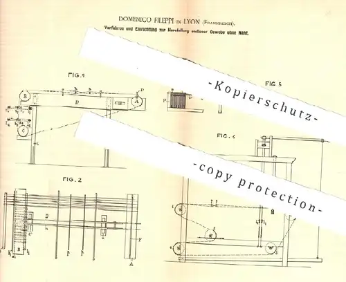 original Patent - Domenico Fileppi , Lyon , Frankreich , 1888 , Herstellung endloser Gewebe ohne Naht | Stoff , Weben