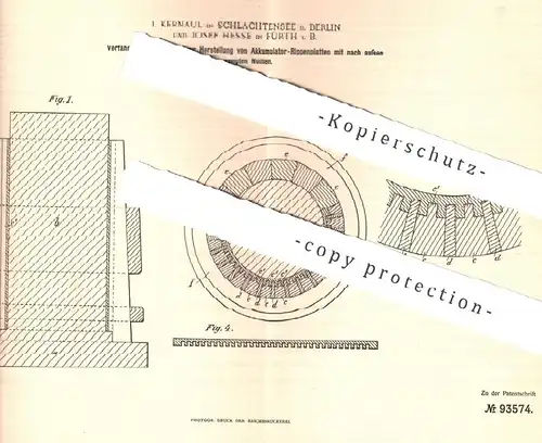 original Patent - J. Kernaul , Schlachtensee / Berlin | Josef Hesse , Fürth | Giessform für Akkumulator - Rippenplatten