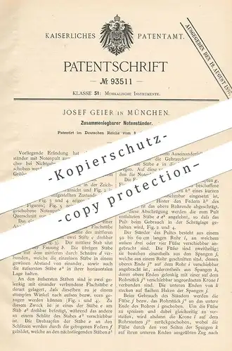 original Patent - Josef Geier , München , 1896 , Zusammenlegbarer Notenständer | Notenpult , Noten , Musik
