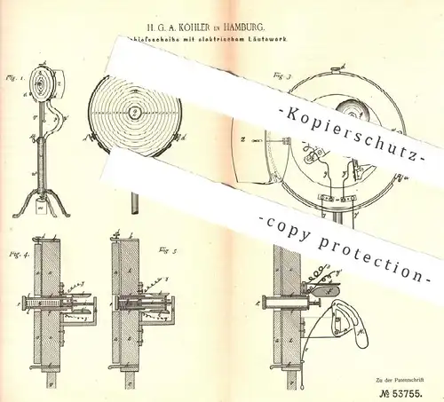 original Patent - H. G. A. Köhler , Hamburg , 1890 , Schiesscheibe mit elektrischem Läutewerk | Waffen , Schütze , Jäger