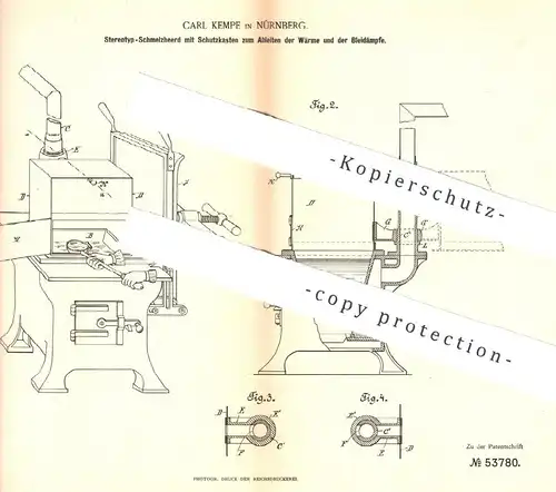 original Patent - Carl Kempe , Nürnberg , 1890 , Stereotyp - Schmelzherd | Druck , Druckerei , Buchdruck , Typen , Herd