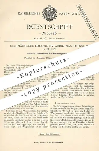 original Patent - Märkische Locomotivfabrik Max Orenstein , Berlin 1890 , Seitenklappe für Erdtransportwagen | Eisenbahn