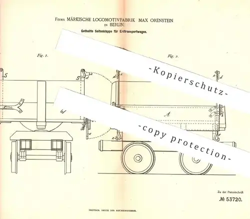 original Patent - Märkische Locomotivfabrik Max Orenstein , Berlin 1890 , Seitenklappe für Erdtransportwagen | Eisenbahn